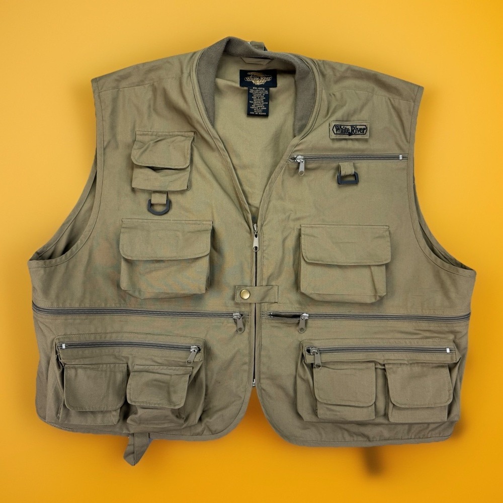 White River Fly Shop Fishing Vest Mens 2XL Khaki Tan Utility‎ Multi Pocket